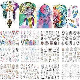 12 Sheets Feather Nail Art Stickers Decals Water Transfer Arrows Nail Decals Colorful Dream Catchers Nail Stickers for Nail Art Pendant Necklace Nail Design Decoration Accessories for Women and Girls