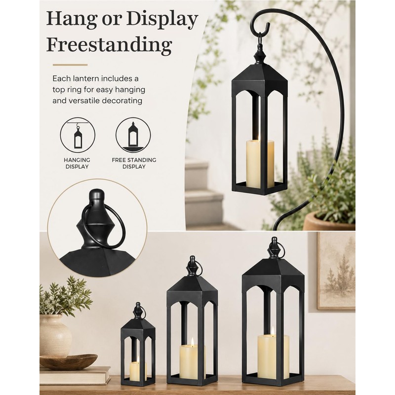 GYKLE Set of 3 Metal Decorative Lanterns Indoor & Outdoor
