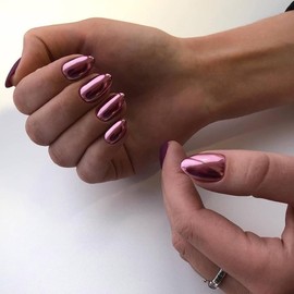 SXVME Light Pink Press on Nails Short Round,Metallic Fake Nails With Design,Plating Holographic Chrome Nails Glue on Acrylic,Short Nails Press ons with Mirror Effect for Finger Decoration, rose gold