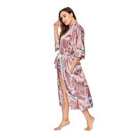 KIM+ONO Plus Size Women's Satin Kimono Robe Long - Floral - Peacock & Blossoms - Mauve (Pink), Satin Kimono Robes for Women with Floral Designs, 54 inches in Length, Plus Size.