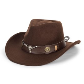 Wide Brim Men and Women's Western Cowboy Hat Fedora-Jazz-Hat with Bull Head Band Decoration Brown