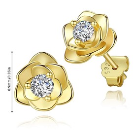 Stud Earrings 925 Silver Small Rose Flowers with Zirconia Silver Gold Rose Gold Earrings for Women Girls 1 Pair Earrings Silver Dainty Cartilage Tragus Helix (Gold), Plastic