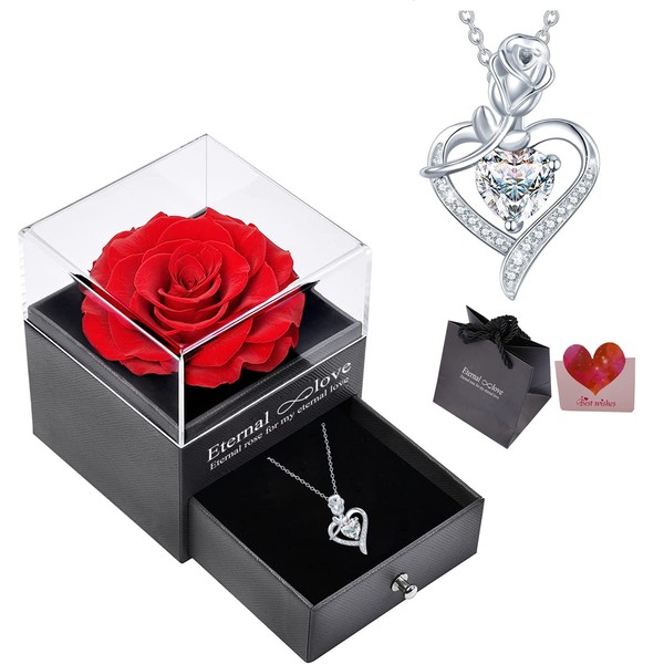Preserved Real Rose with Sterling Silver Necklace 925 Silver Rose Pendant Necklace with Eternal Rose Box Gift for Mum Wife Girlfriend on Mothers Day Valentines Day Christmas Birthday Gifts for Women