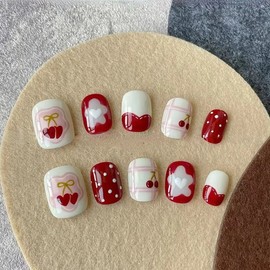 Cute Kids' Press-On Nails: Red Dot Strawberry Nail Art Stickers (24 pcs, Free Size) / K019 Dot Floral Pattern Glue 20ea
