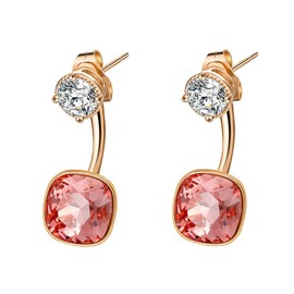 Austrian Crystal Front Back 2 in 1 Square Cushion Drop Earrings for Women 14K Gold Plated Hypoallergenic Earring Jackets (Rose Peach)