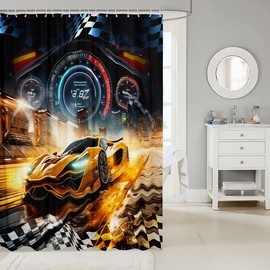 Manfei Yellow Racing Car Fabric Shower Curtain,Extreme Sports Car Competition Checker Flag Shower Curtain for Bathroom,Sporting Neon Lights Waterproof Shower Curtain,72 Inch Long