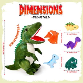 15.7 Inch Plush T-Rex Dinosaur Plush Stuffed Animal with 5 Cute Little Dinosaurs in Tummy Carrier Soft Cuddly Stuffed Animal Pillow for Birthday Party Favor Boys, Girls Nursery Decoration Idea