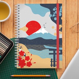 A5 Spiral Bound Journal Notebook- Japanese Themed Cover Designs, 120 Ruled Pages, Double Pocket Page & Elastic Page Divider (Mountain)