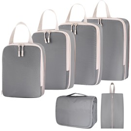 Tking Compressible 6-Piece Travel Packing Cubes Set,Packing Essentials for Suitcase Organizer Bags,Travel Essentials Bag Clothes Shoes Cosmetics Toiletries Storage Bags (Gray, 6Pcs/Set)