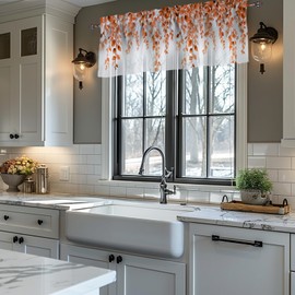 Fall Valances for Windows Orange Eucalyptus Leaf Rod Pocket Cafe Window Treatments Valance Curtains for Kitchen Bathroom Laundry Basement Windows 42 x 12 inch