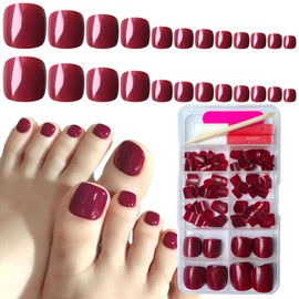 AddFavor 240pcs Press on Toenails Dark Red Fake Toe Nails Full Cover Glossy Shiny Short Press ons False Toe Nail for Women, with Nail Glue, Sticky Tabs, Nail File