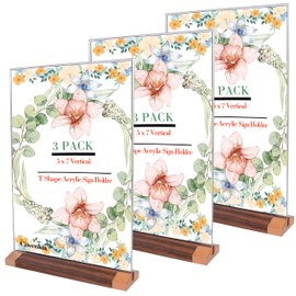 Ciwenkai Acrylic Sign Holders with Wooden-Base - 3 Pack 5x7 Inch T Shape Clear Double Sided Frames for Table Menu Display Stand Flyer Display