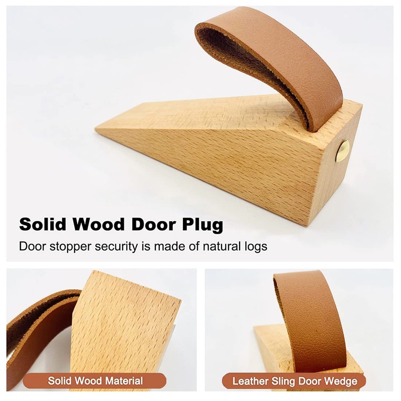 Wooden Door Stopper with Leather Band, 2 Pack Solid Wood