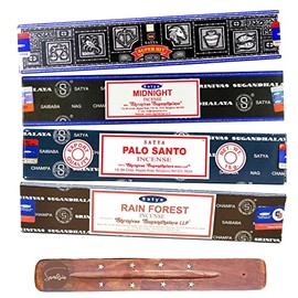 Satya Nag Champa Incense Sticks - 4 unique and premium flavours - Super Hit, Midnight, Palo Santo, Rain Forest and comes with SAMASIA incense holder