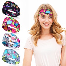 Kifmurase 4 Pack 80s 90s Neon Vintage Headbands, Retro Soft Sport Sweatbands 90s Outfit Accessories for Women Men, Fashion Workout Hairband for Hip Hop Party Style Hiking Cycling Running