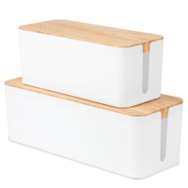 Iron Forge Cable Cable Management Box, 2 Pack - White Cord Organizer with Wood Top - Hider for Wires, Power Strips, Surge Protectors & More - Includes Accessories