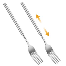 Gjinxi 2PCs Extendable Fork Long Handle Telescoping Fork, Stainless Steel Retractable Fork, Food-Grade Metal Tableware Fork Extender Set for Dinner Fruit Dessert BBQ