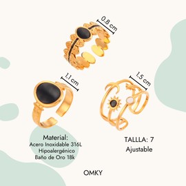 Set Anillos 3 piezas Ajustables, Acero Inoxidable con Baño de Oro 18k - Joyería y Accesorios para Mujer Regalo Mamá Novia - Talla 7