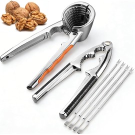 Juego de 6 tuercas para cascanueces y galletas de nogal de metal, herramienta de abridor de alicates de nogal con mango antideslizante, concha resistente y mariscos, incluye 4 púas de nueces
