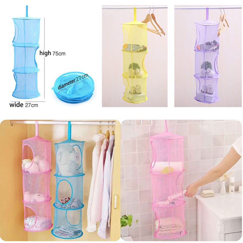 Mesh Hanging Storage Basket With 3 Compartments Foldable Hanging Storage