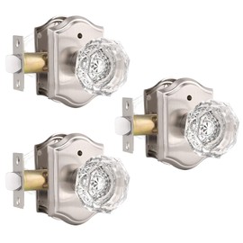 Gobrico 3 Pack Clear Crystal Door Knobs,Bed/Bath Door Handles Privacy Function,Octagonal Diamond Glass Interior Knob with Arched Rosette,Satin Nickel Finished