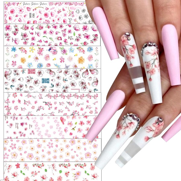 Aikeis 8 Retro-Nagelkunstaufkleber, Kirschblüten Nagelkunst, 3D-Design, Nagelkunstaufkleber, personalisierte Blumen-Nagelkunstaufkleber für