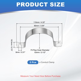 PATIKIL 2-1/2" (63mm) Rigid Pipe Strap, 5 Pcs 304 Stainless Steel Conduit Clamp 2 Hole Thicken U Bracket Pipe Clamp Tube Strap for Pipe Cable Wire Fixing