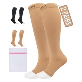360 RELIEF 360 RELIEF 2 Pairs Plus Size Compression Socks for Women & Men - Open Toe Graduated Compression Stockings, Flight Socks, Running, Nurses, Maternity, Pregnancy, 4XL, Beige + Laundry Bag