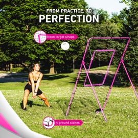 Volleyball Rebounder Pink, 7x4 ft Adjustable Volleyball Rebounder Net, Bounce Back Training Equipment, Net for Single Player, Durable & Portable with Travel Bag