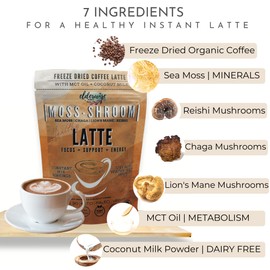 Elderwise Organics Coffee - Latte - Lion's Mane, Chaga, Reishi, Cordyceps, MCT Oil, Coconut Cream & Sea Moss - 12 Servings - Freeze Dried Instant Coffee - Chemical free - Fair Trade