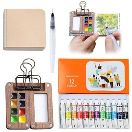 Watercolour Travel Set Watercolours Portable Artist Watercolour Travel Set Portable Mini Watercolour Palette Set Mini Watercolour Paint Set Wood Watercolour Sketchbook Painter Clips for Painters