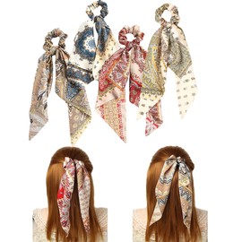 Bandana Hair Scarf Scruncheis for Women Girls, Bowknot Scrunchies for Hair, Chiffon Floral Scrunchie Long Hair Bands Ties Ponytail Holder (Paisey)