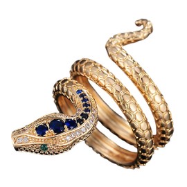 Gold Coiled Snake Ring, Reptile Serpent Ring for Men, Blue Crystal Snake Animal Ring Blue Stone Serpent Jewelry, Twisting Serpent Ring Coiled Serpent Ring Snake Cocktail Party Ring for mens (10)