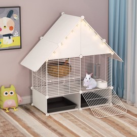 DuvinDD 2-Story Small Rabbit Cage Indoor Bunny Hutch with 2 Deep Pull-Out Trays and Urine Guard, Guinea Pig Cage Metal Wire Netting Villa, Small Animals House for Ferret, Chinchilla, Hedgehog