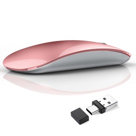 Uiosmuph G11 Kabellose Maus, 2,4 GHz Funkmaus mit USB-Nano-Empfänger und Type-c-Empfänger, Leise Wireless Mouse USB C Wiederaufladbar für Laptop, PC, Mac Rosé Gold