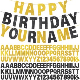 Clabby 132 Pcs DIY Glitter Customizable Banner Kit Birthday Banner Including 128 Letters Numbers Symbols 2 Rope and 2 Threading Device for Wedding Birthday Decor(Black and Gold)