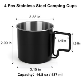 Ftabernam 4 Pack Stainless Steel Camping Cups with Foldable Handle, 14.8oz Portable Cups for Coffee & Travel, Dishwasher Safe - Perfect for Picnic, Hiking, Office (4 Colors)
