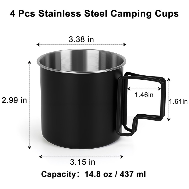 Ftabernam 4 Pack Stainless Steel Camping Cups with Foldable Handle,