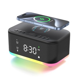 Wireless Charging Alarm Clock Bedroom, Loud Digital Alarm Clocks Bedrooms, Alarm Clock Night Light Speaker 8W Snooze Dual Alarm 12/24H Adjustable Brightness Dimmer Bluetooth, Black