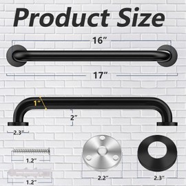 2 Pack 16” No-Slip Black Metal Stairway Hand Railing Outdoor Steps Hand Rails Safety Grab Bar for Elderly Safety Handle Rail 440LBS Load Capacity Wall Mount Stainless Steel