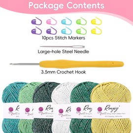 6 Pack Crochet Yarn for Beginners – Hollow Shiny Silver Cotton DK Yarn, 50g/100m Skein with 3.5mm Hook & Tools – Soft Sparkling for Amigurumi, Blanket Yarn & Granny Squares (6-Green)
