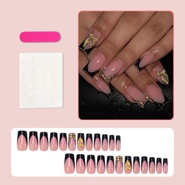 Black French Tips Press on Nails Medium Long Square Fake Nails with Gold Bow Charm Design Gold Rhinestone Glue on Nails Glossy Skin Tones False Nail Summer Stick on Nail for Women Girls Manicure