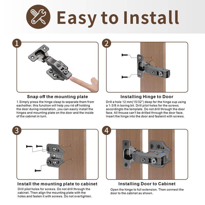 6 Pack Full Overlay Soft Close Cabinet Hinges 105° Frameless