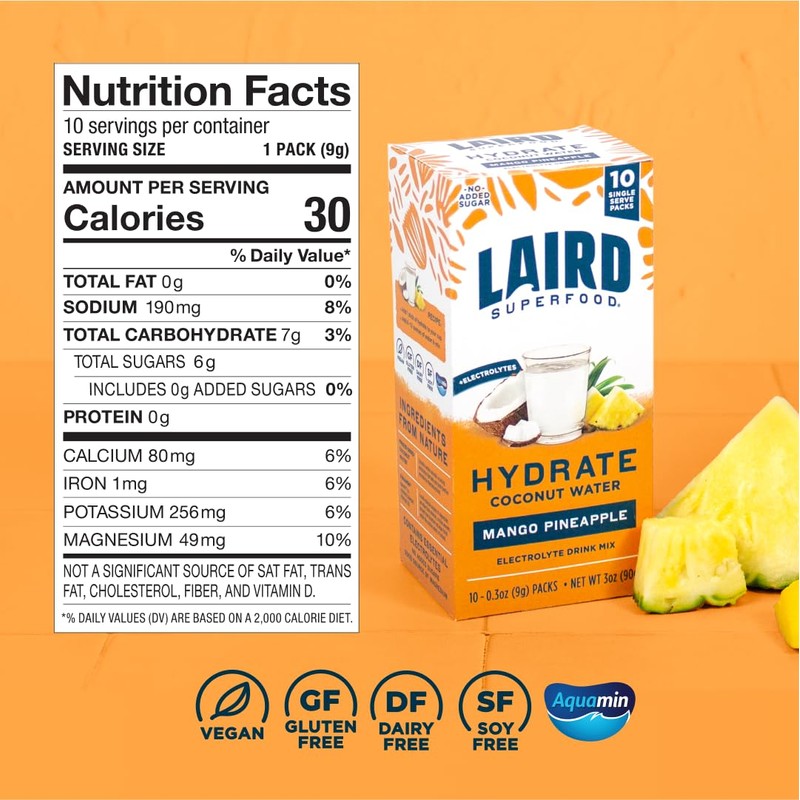 LAIRD SUPERFOOD Pineapple Mango Hydrate Coconut Water 10ct, 0.3 OZ