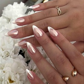 KQueenest Fake Nails Almond Press on Nails Medium Chrome White French Tip Nails for Women Nude Full Cover Glue on Nails Medium Acrylic Nails Press on Natural Gel Stick on Nails Strong False Nails Set