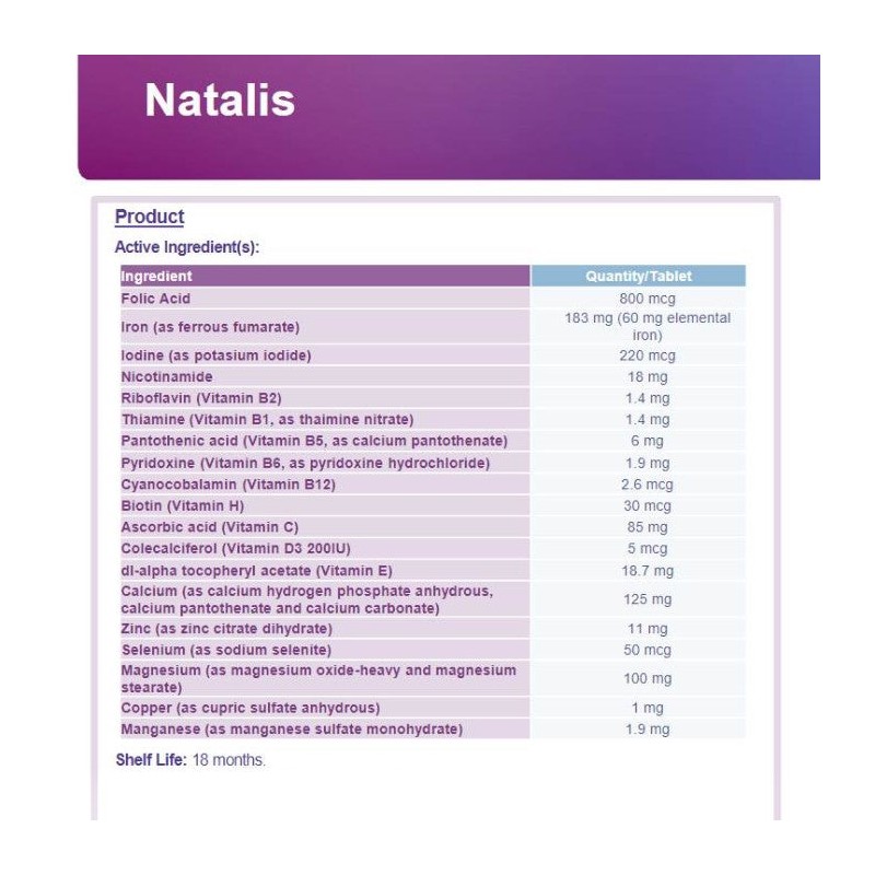 Natalis Pregnancy Support Vitamins and Minerals One-A-Day 100 Tablets (Limit