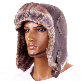 Russian Ushanka Cossack Trooper Trapper Aviator Pilot Hat Fur Lined Earflap Winter Cap with Chin Strap (Brown/L)