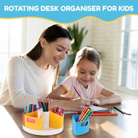 PetsTown Rotating Desk Organiser for Kids, Stationary Storage Holder with 7 Compartments, School Supplies Organiser for Children, Organizer for Home Office Supply Multicolour