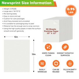 Packing Paper Sheets for Moving Supplies, White Tissue Paper for Gift Bags, Newsprint Paper Sheets for Moving Packing Boxes for Moving, Shipping Supplies, Packaging Wrapping Paper 90 Sheets, 15" x 12"