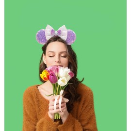 WW-WONDERFULWORLD Purple Mouse Ears Headbands With Shiny Bows & Sequins, for Girls Women Costume Cosplay Glitter Party; FG-ZB